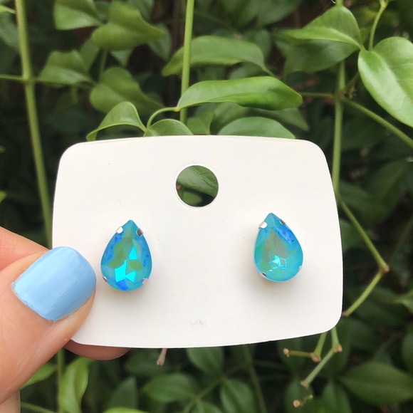 Aquamarine AB Pear Crystal Earrings - Picture 5 of 5